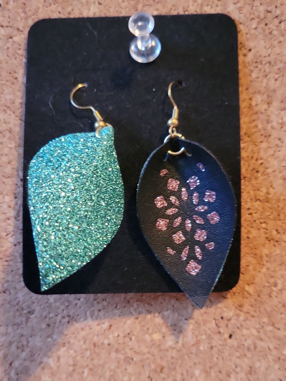 Handmade Teal and Black Glitter Leaf Drop Earrings